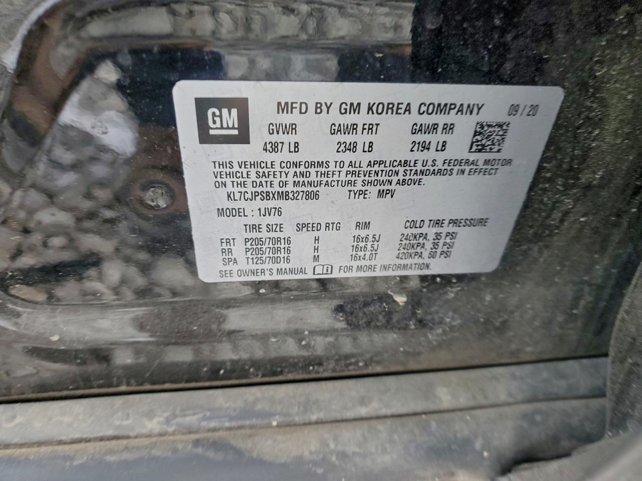 2021 Chevrolet Trax 1Lt VIN: KL7CJPSBXMB327806 Lot: 94115125