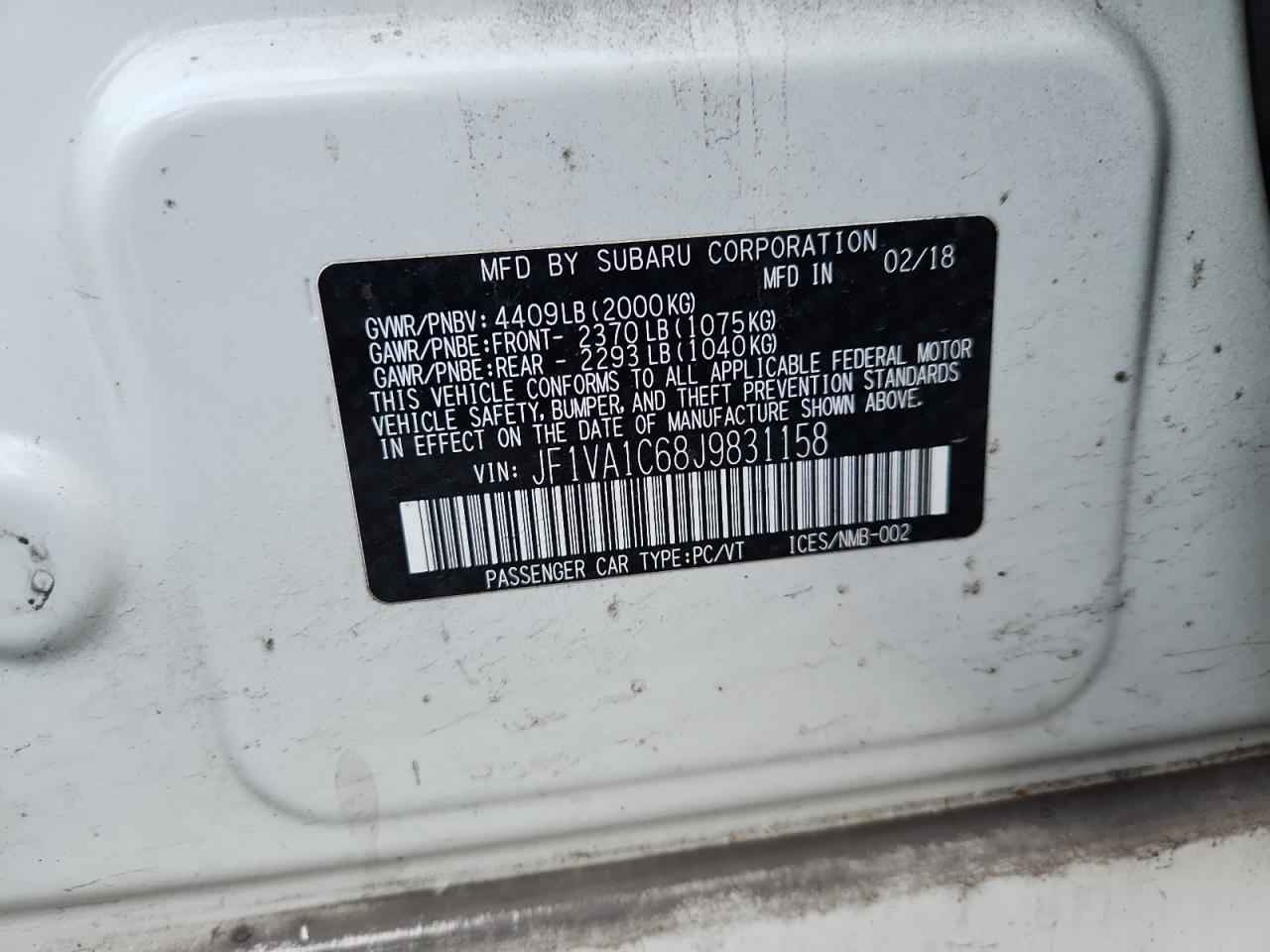 2018 Subaru Wrx Premium VIN: JF1VA1C68J9831158 Lot: 93511315