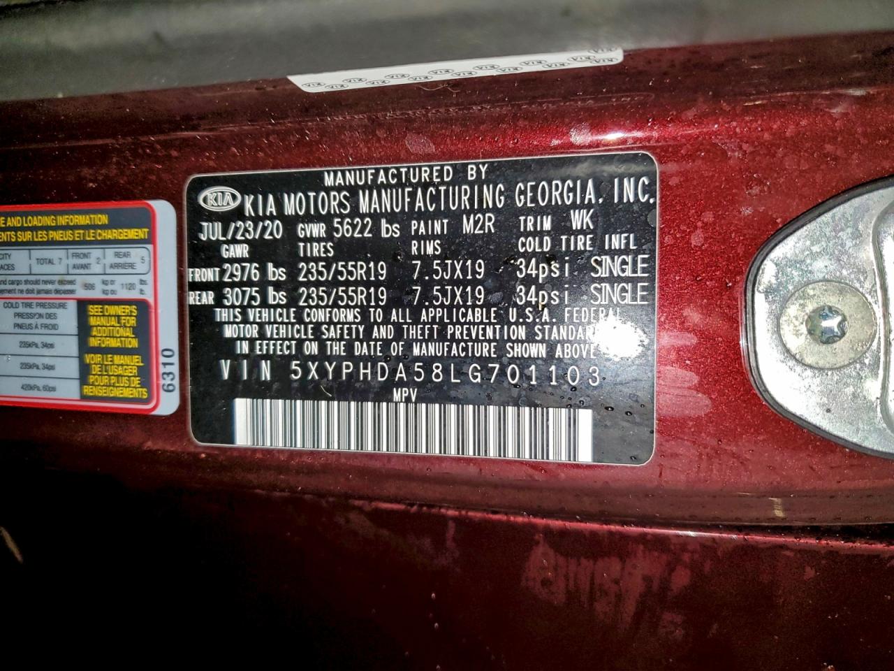 2020 Kia Sorento Ex VIN: 5XYPHDA58LG701103 Lot: 93998275