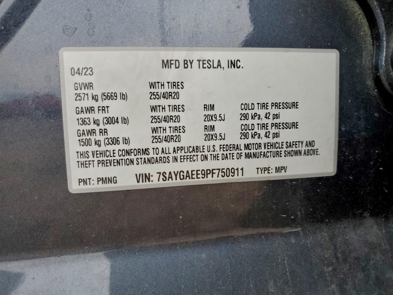 2023 Tesla Model Y VIN: 7SAYGAEE9PF750911 Lot: 94286175