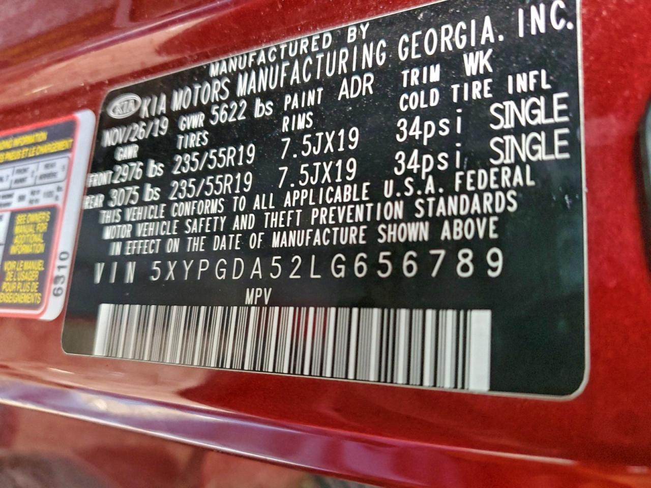 2020 Kia Sorento S VIN: 5XYPGDA52LG656789 Lot: 93543655