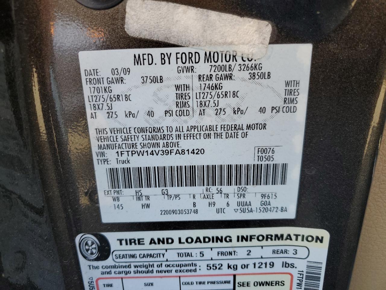 2009 Ford F150 Supercrew VIN: 1FTPW14V39FA81420 Lot: 91905955