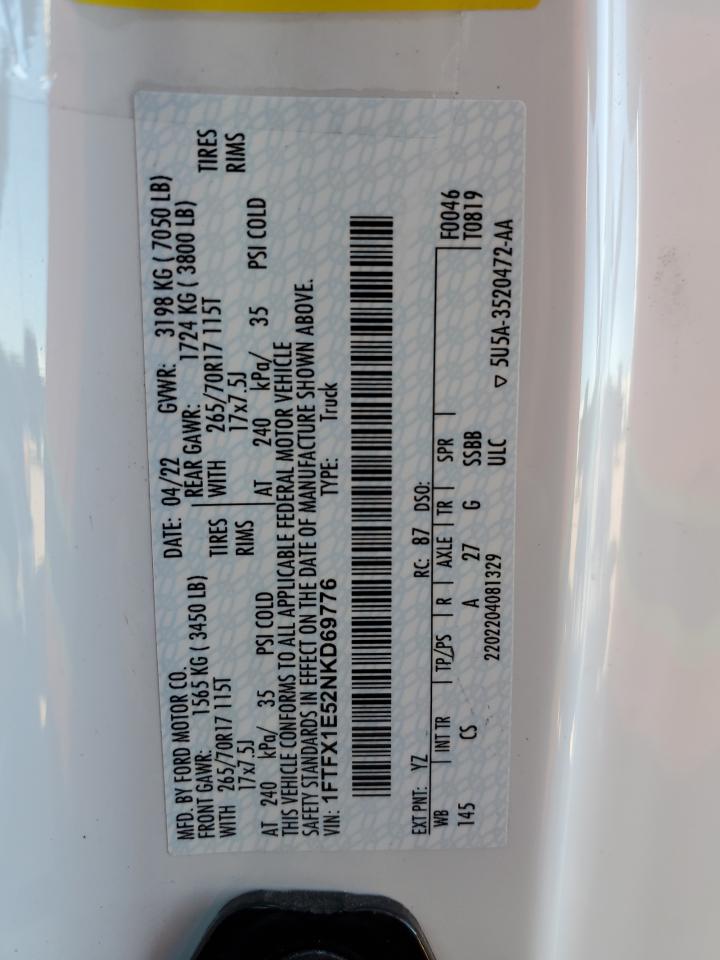 2022 Ford F150 Super Cab VIN: 1FTFX1E52NKD69776 Lot: 92231715