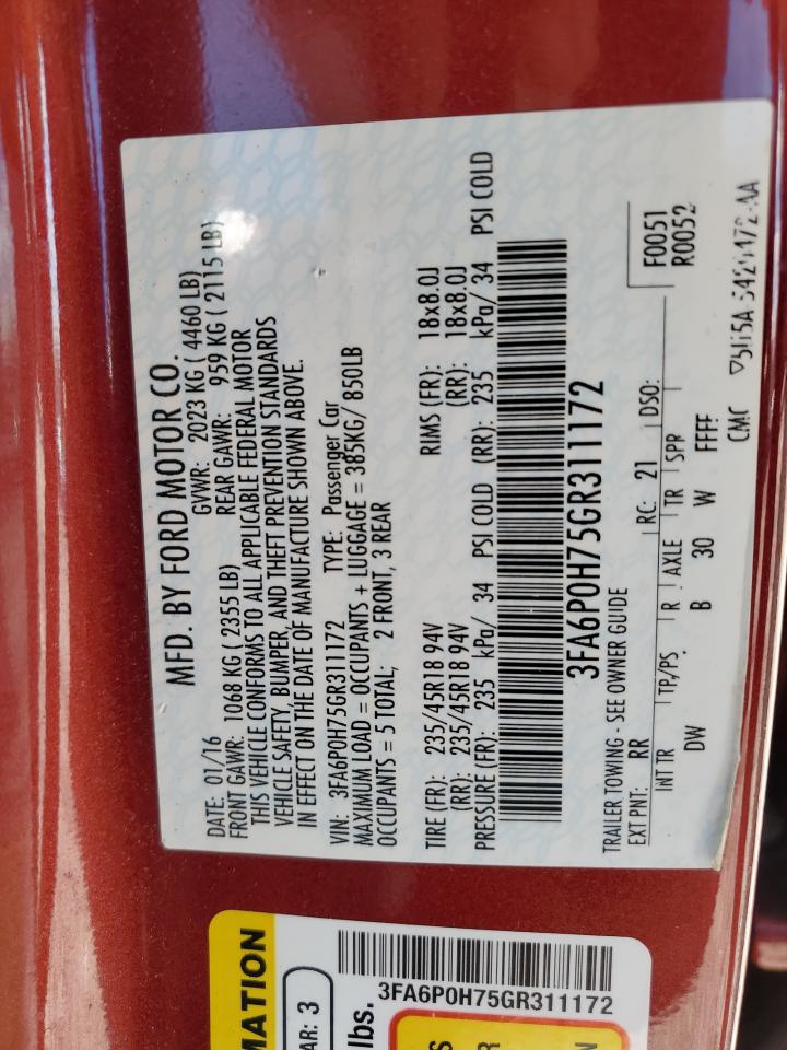 2016 Ford Fusion Se VIN: 3FA6P0H75GR311172 Lot: 91521465