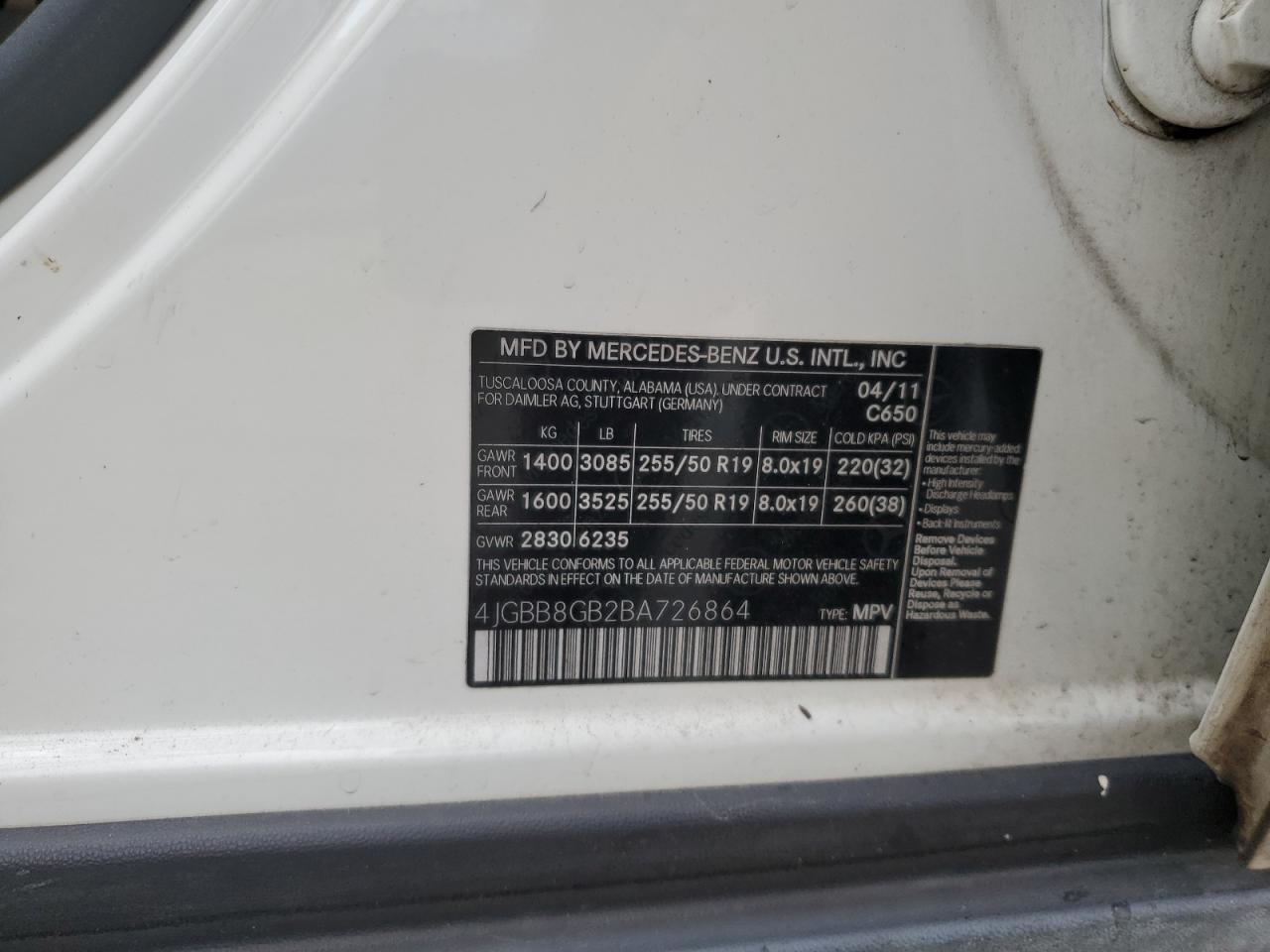 2011 Mercedes-Benz Ml 350 4Matic VIN: 4JGBB8GB2BA726864 Lot: 93194705