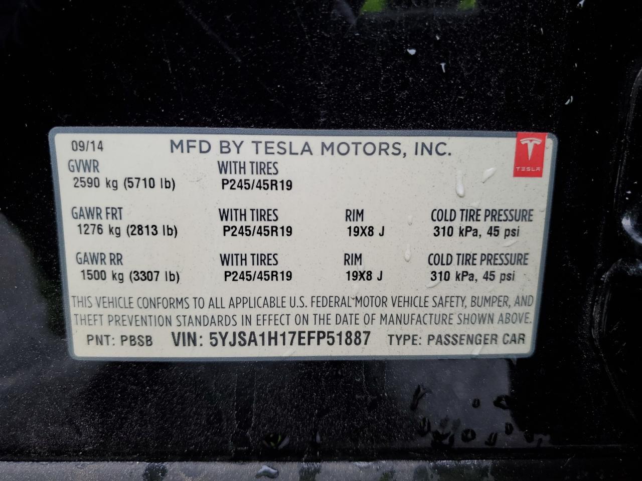 2014 Tesla Model S VIN: 5YJSA1H17EFP51887 Lot: 90459525