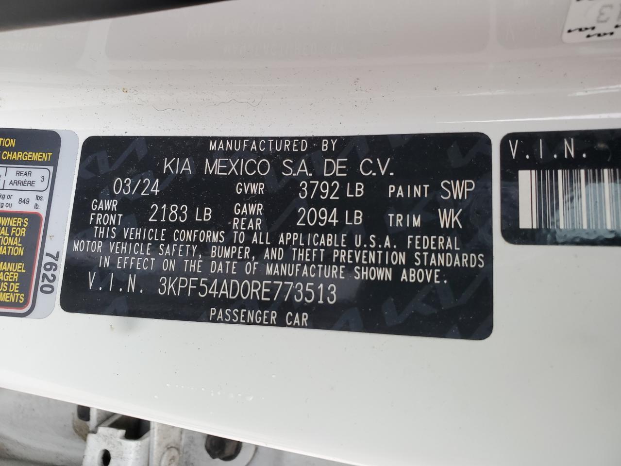 2024 Kia Forte Gt Line VIN: 3KPF54AD0RE773513 Lot: 93271205