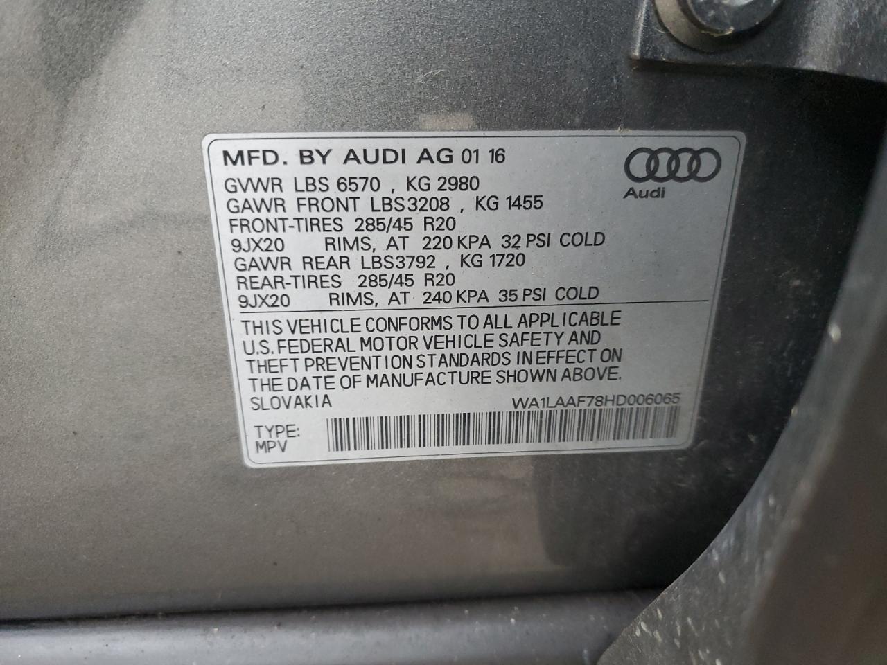 2017 Audi Q7 Premium Plus VIN: WA1LAAF78HD006065 Lot: 94052475