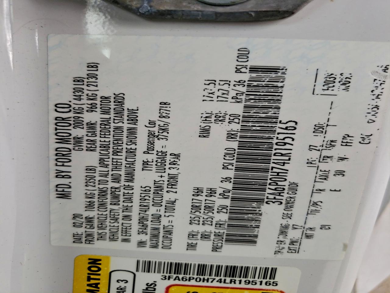 2020 Ford Fusion Se VIN: 3FA6P0H74LR195165 Lot: 93303185