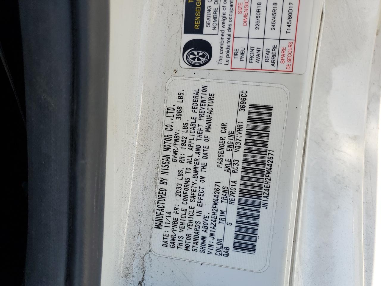 2015 Nissan 370Z Base VIN: JN1AZ4EH2FM442671 Lot: 91261275