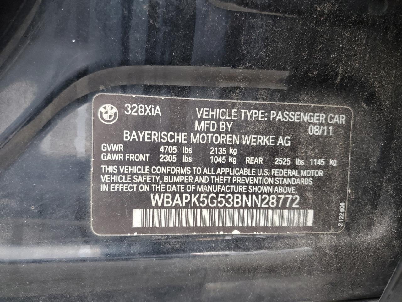 2011 BMW 328 Xi Sulev VIN: WBAPK5G53BNN28772 Lot: 92976855