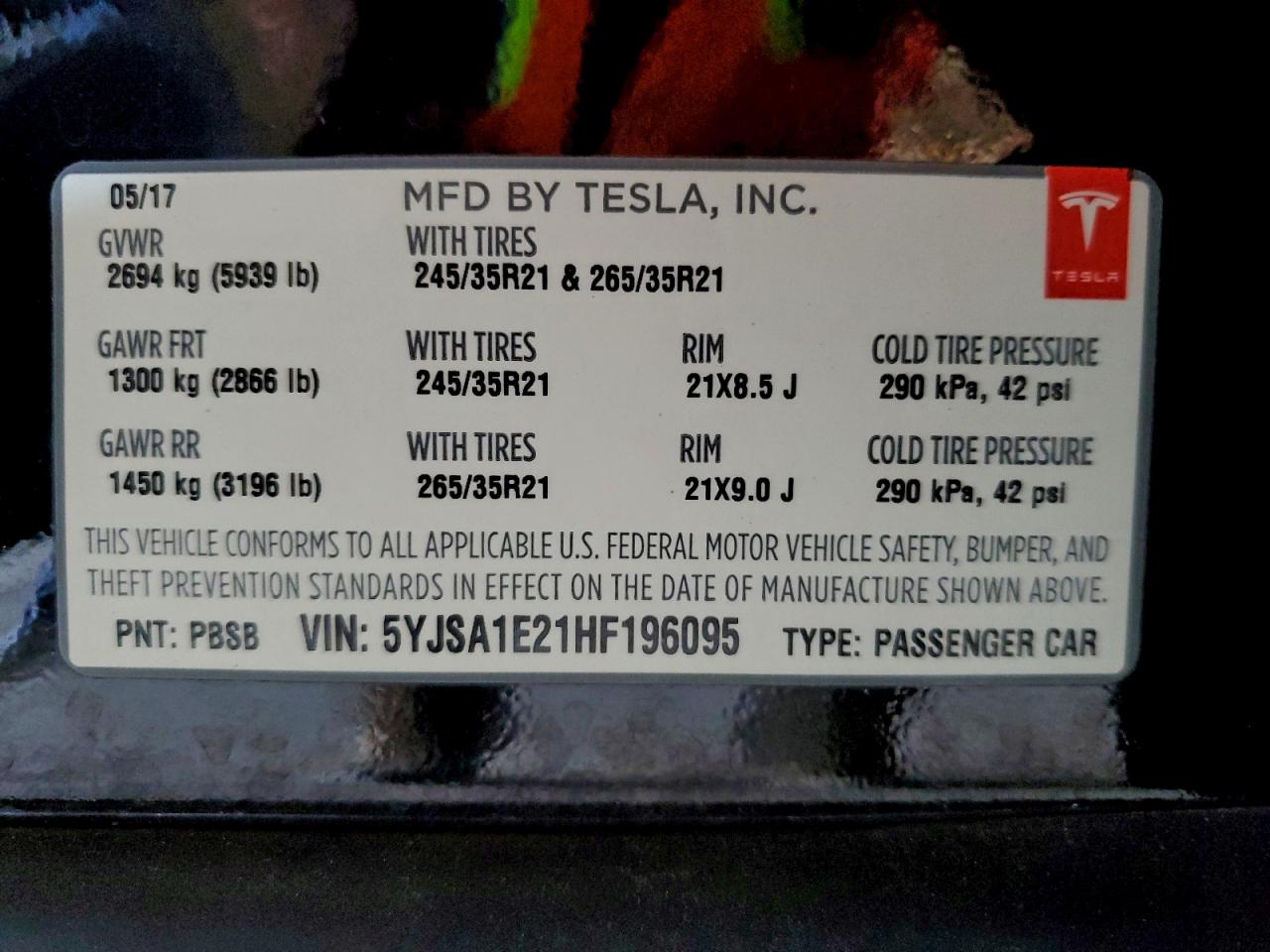 2017 Tesla Model S VIN: 5YJSA1E21HF196095 Lot: 94574375