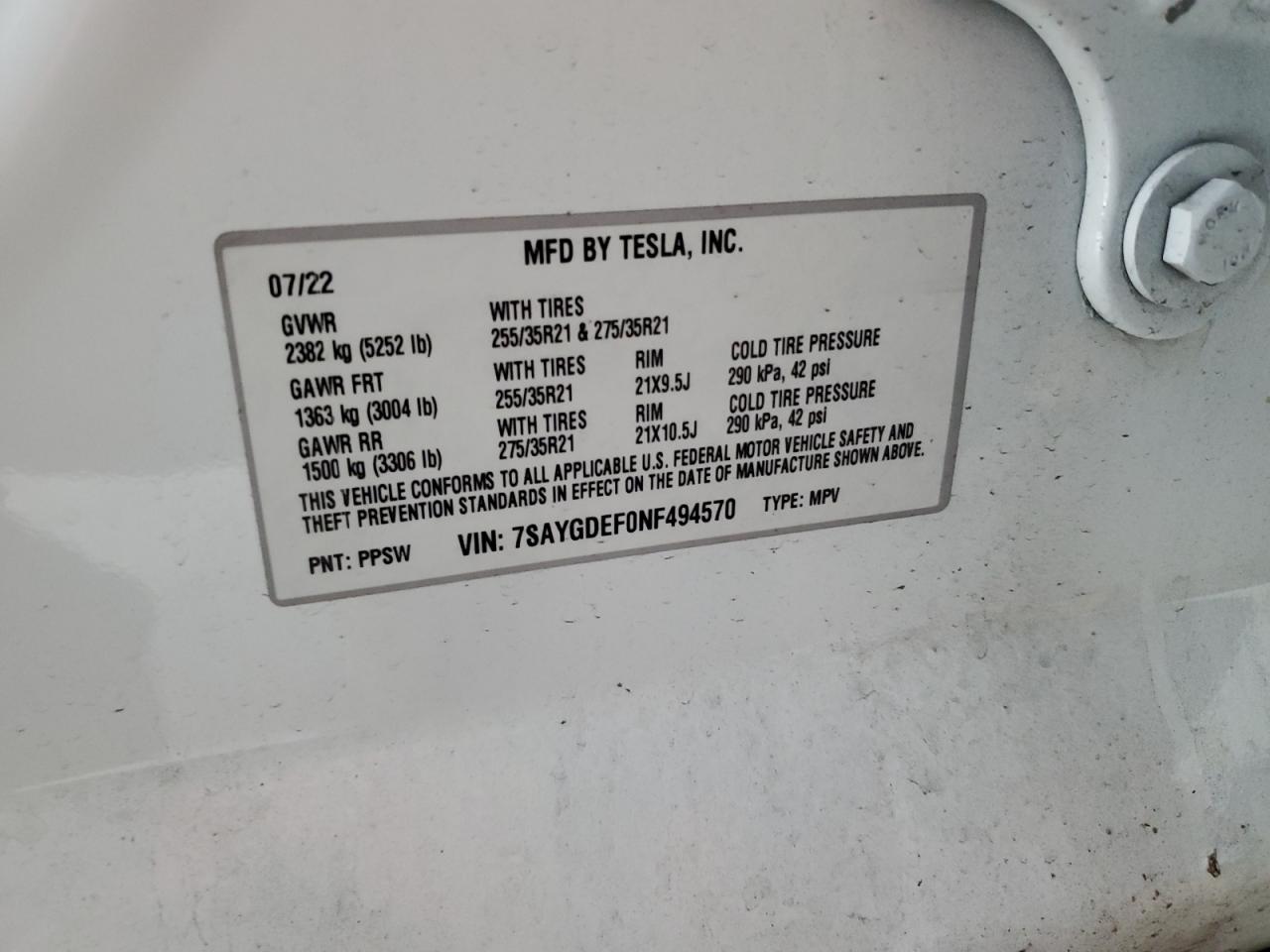 2022 Tesla Model Y VIN: 7SAYGDEF0NF494570 Lot: 91436965