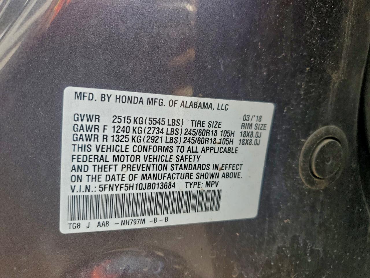 2018 Honda Pilot Lx VIN: 5FNYF5H10JB013684 Lot: 93684235