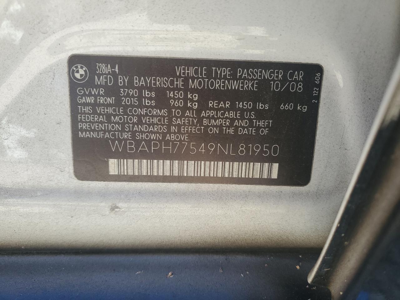 2009 BMW 328 I VIN: WBAPH77549NL81950 Lot: 90838215