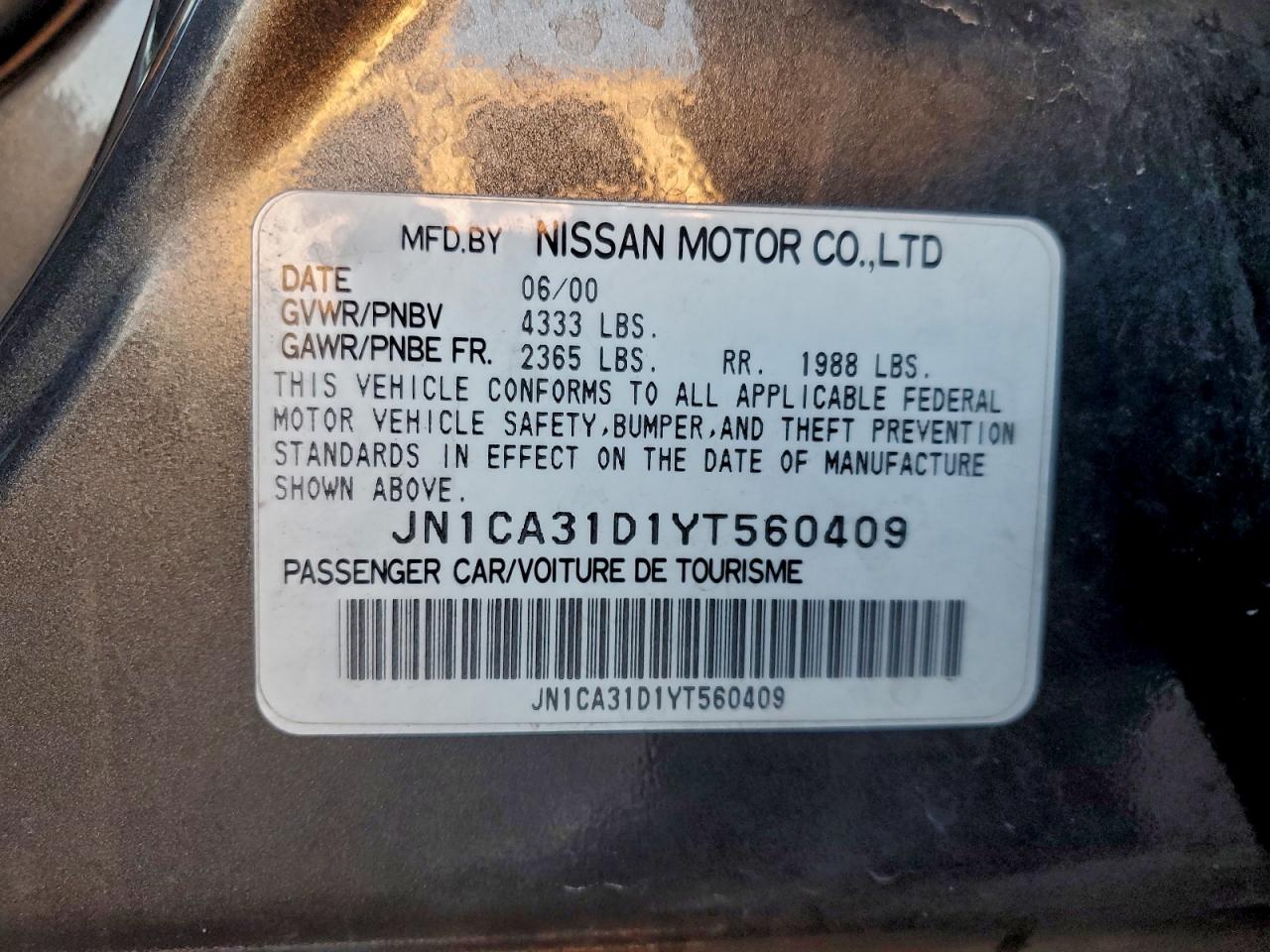 2000 Nissan Maxima Gle VIN: JN1CA31D1YT560409 Lot: 94102525