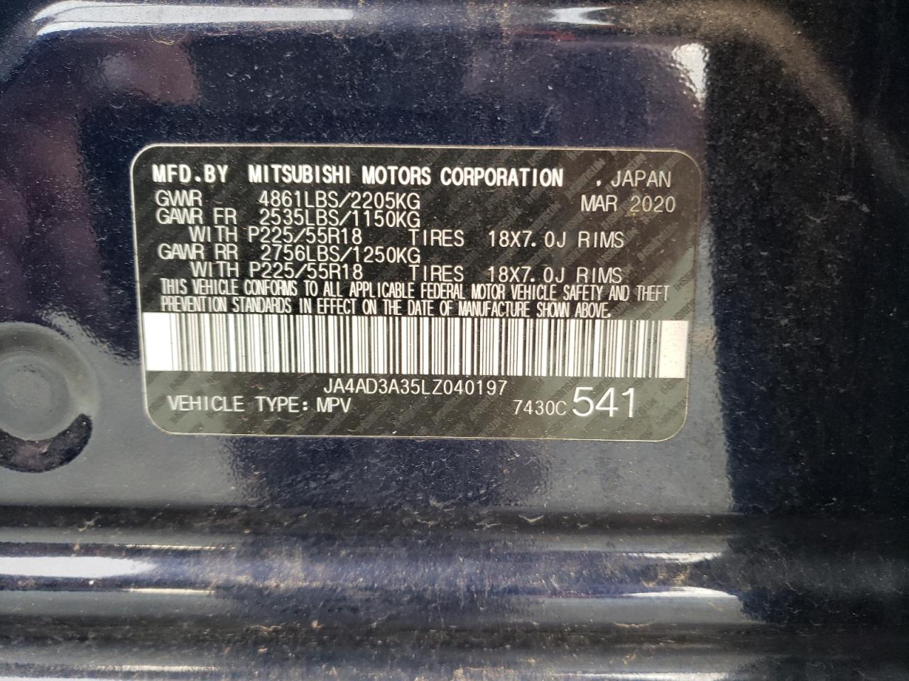 2020 Mitsubishi Outlander Se VIN: JA4AD3A35LZ040197 Lot: 93614755