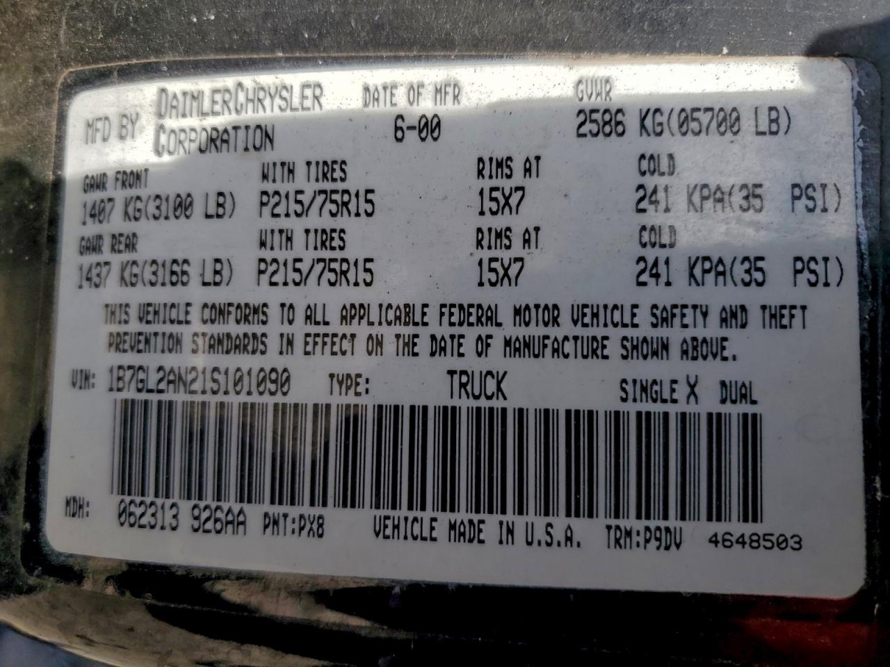 2001 Dodge Dakota Quad VIN: 1B7GL2AN21S101090 Lot: 94741025