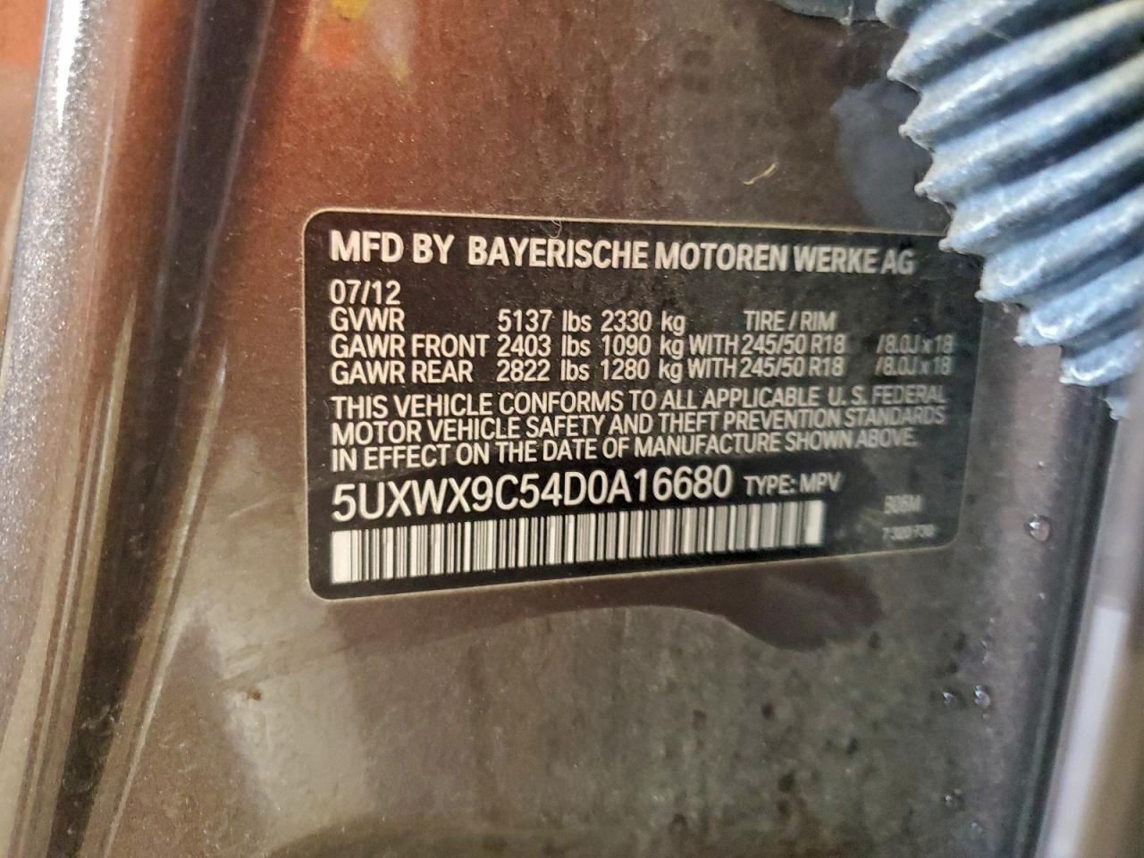 2013 BMW X3 xDrive28I VIN: 5UXWX9C54D0A16680 Lot: 93152295