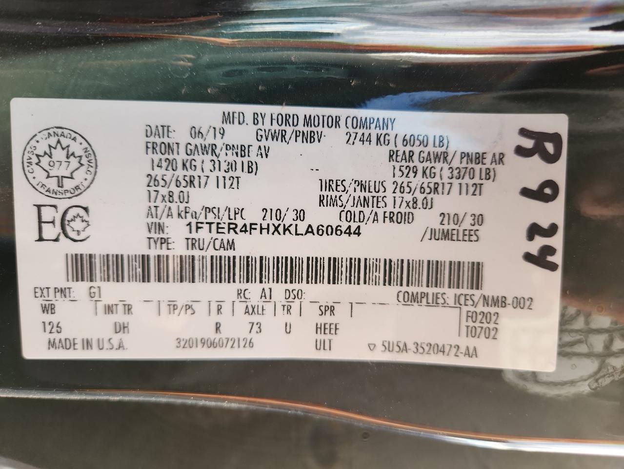 2019 Ford Ranger Xl VIN: 1FTER4FHXKLA60644 Lot: 91688925