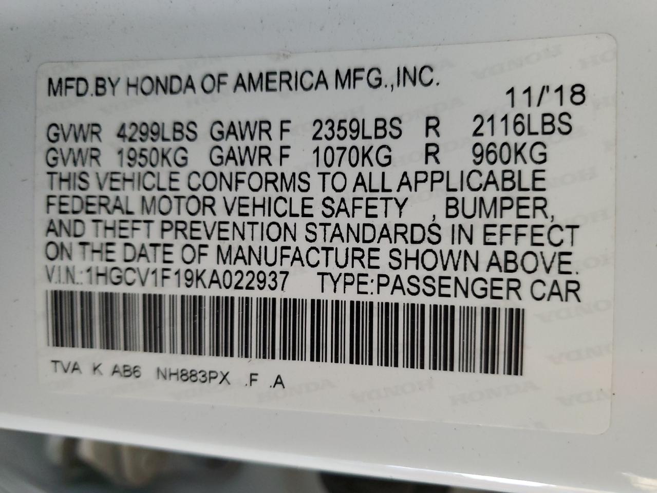 2019 Honda Accord Lx VIN: 1HGCV1F19KA022937 Lot: 92991615