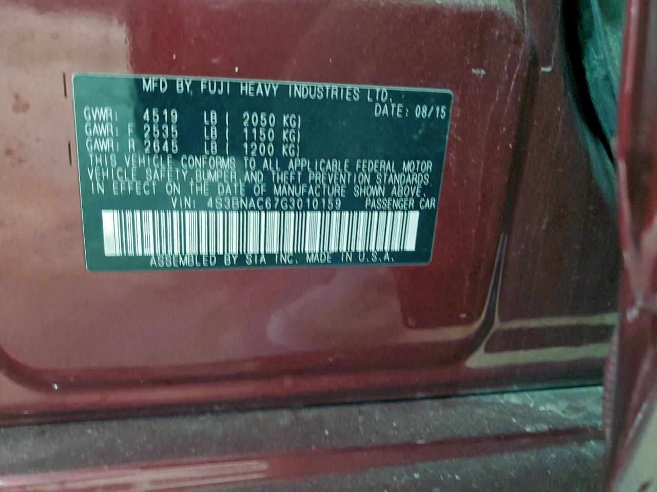 2016 Subaru Legacy 2.5I Premium VIN: 4S3BNAC67G3010159 Lot: 93941935