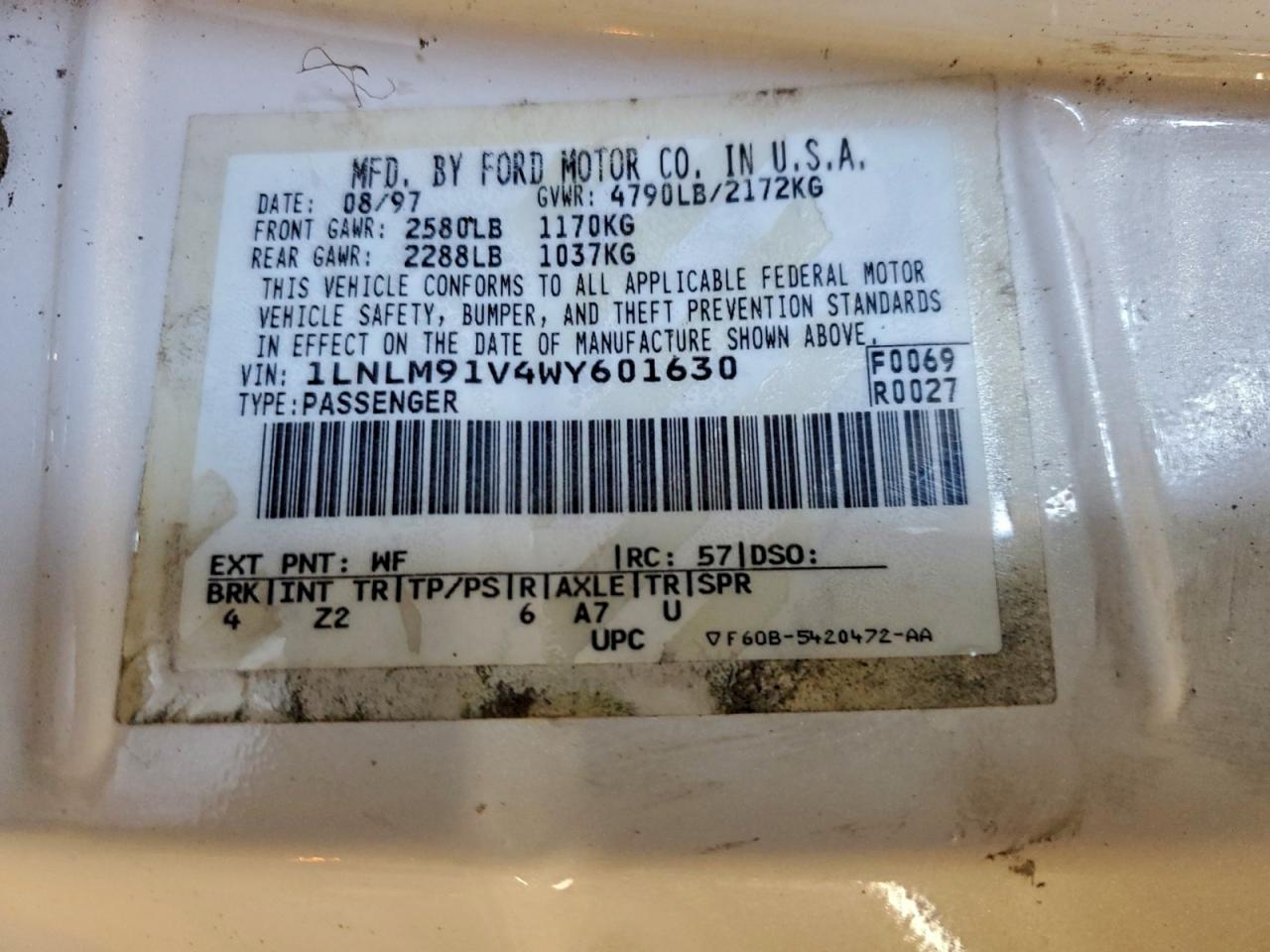 1998 Lincoln Mark Viii VIN: 1LNLM91V4WY601630 Lot: 94072475