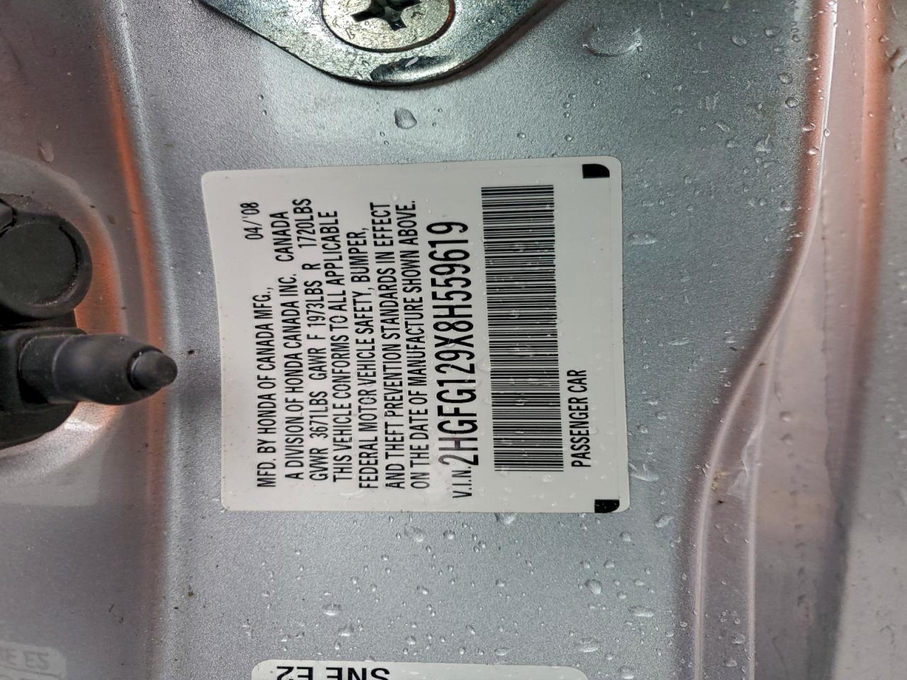 2008 Honda Civic Exl VIN: 2HGFG129X8H559619 Lot: 93763235