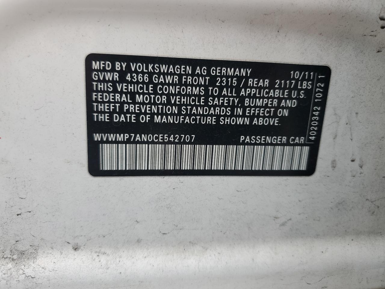 2012 Volkswagen Cc Sport VIN: WVWMP7AN0CE542707 Lot: 91078645