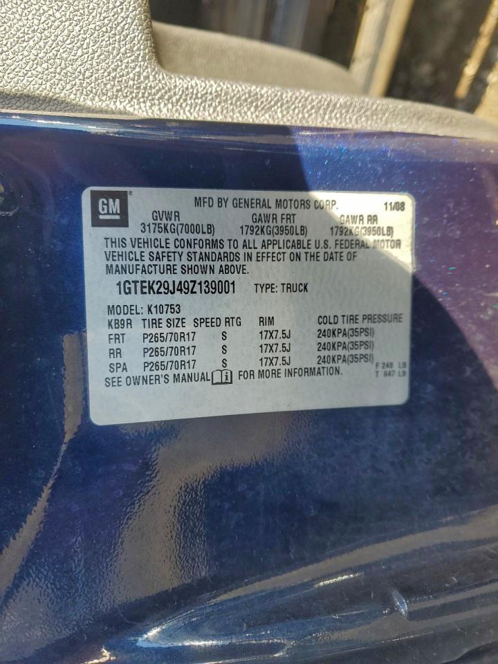 2009 GMC Sierra K1500 Sle VIN: 1GTEK29J49Z139001 Lot: 93513185