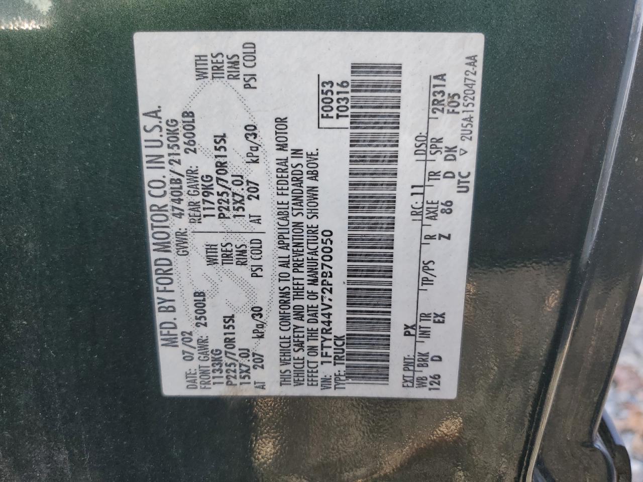 2002 Ford Ranger Super Cab VIN: 1FTYR44V72PB70050 Lot: 92682895