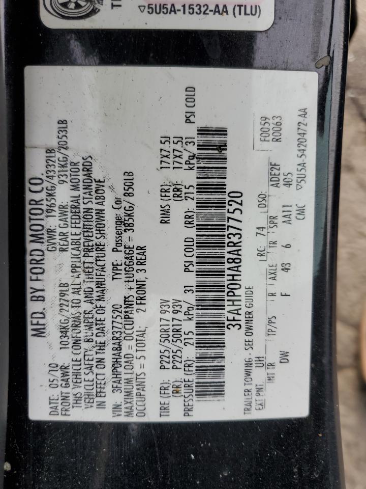 2010 Ford Fusion Se VIN: 3FAHP0HA8AR377520 Lot: 85434025