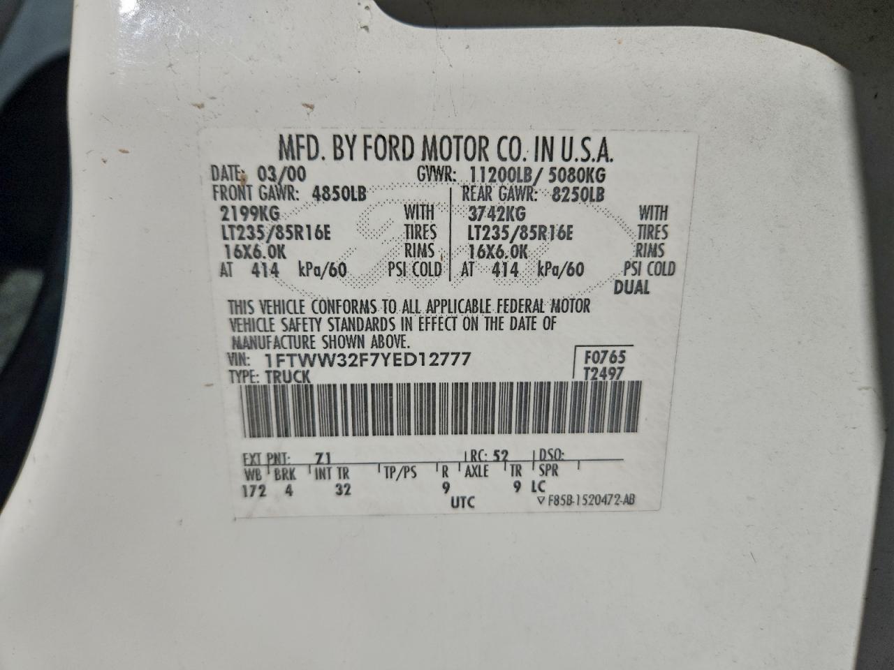 2000 Ford F350 Super Duty VIN: 1FTWW32F7YED12777 Lot: 93919065