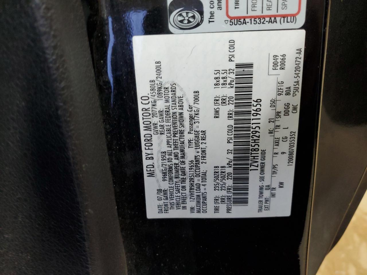 2009 Ford Mustang Gt VIN: 1ZVHT85H295119656 Lot: 91987975