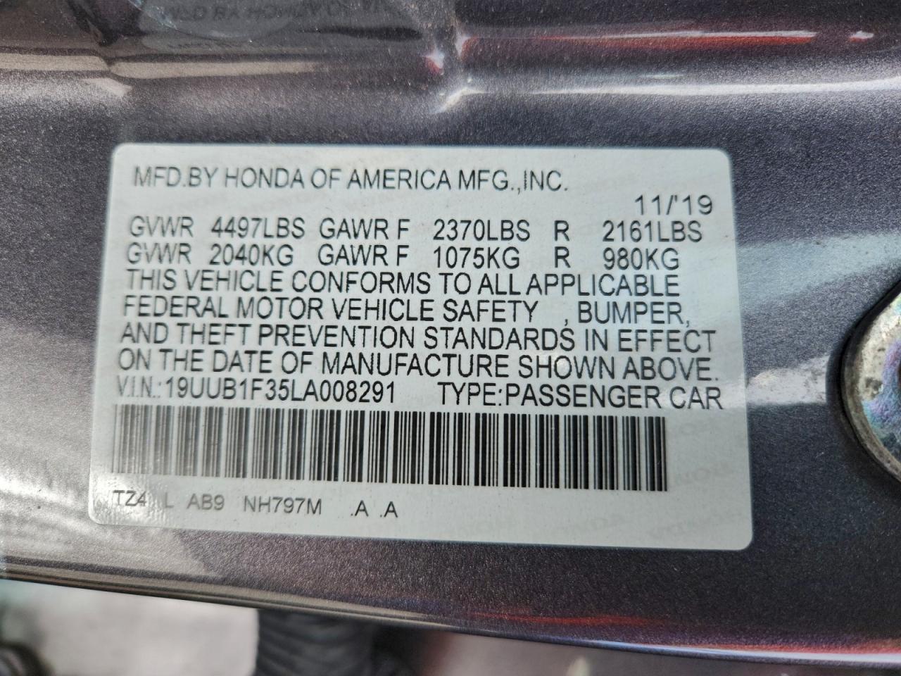 2020 Acura Tlx VIN: 19UUB1F35LA008291 Lot: 94275455