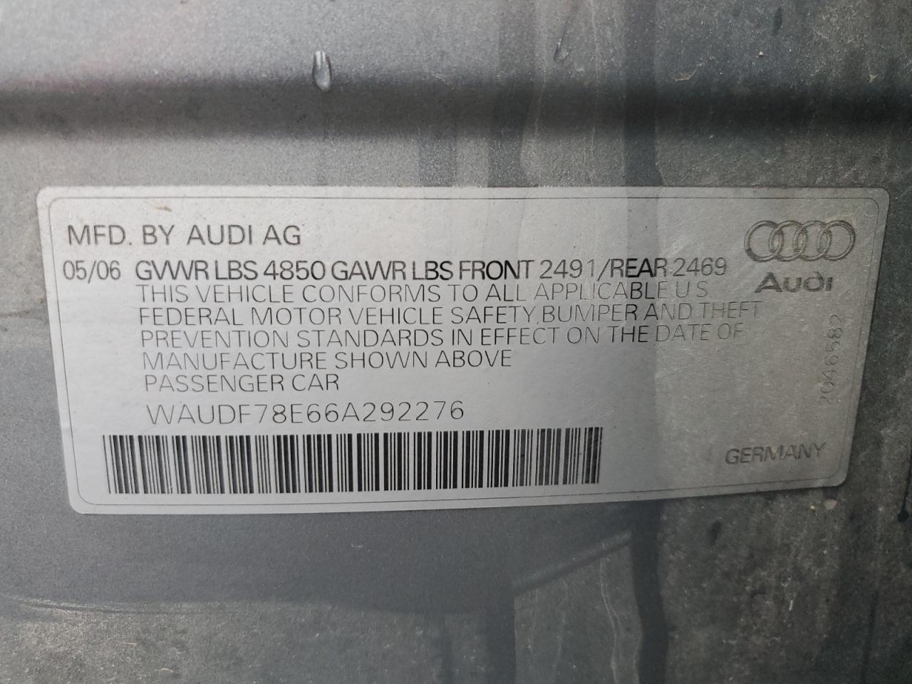 2006 Audi A4 2.0T Quattro VIN: WAUDF78E66A292276 Lot: 93242455