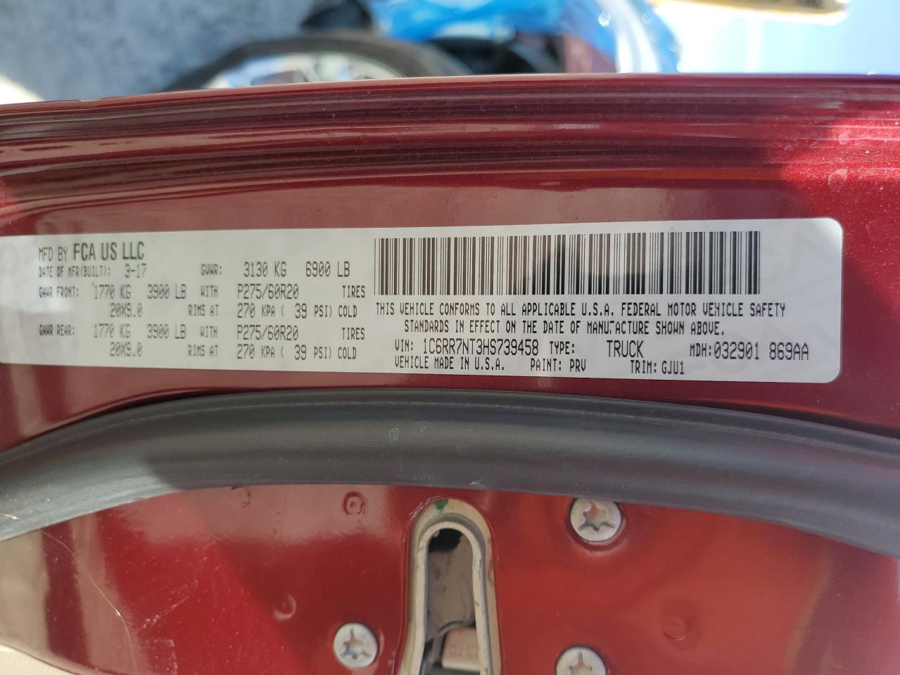 2017 Ram 1500 Laramie VIN: 1C6RR7NT3HS739458 Lot: 92695205