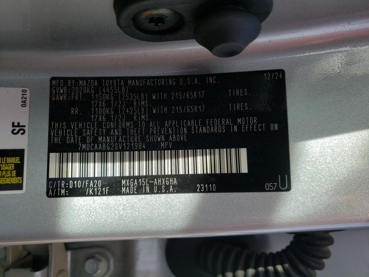 2025 Toyota Corolla Cross Le VIN: 7MUCAABG2SV121984 Lot: 92525805