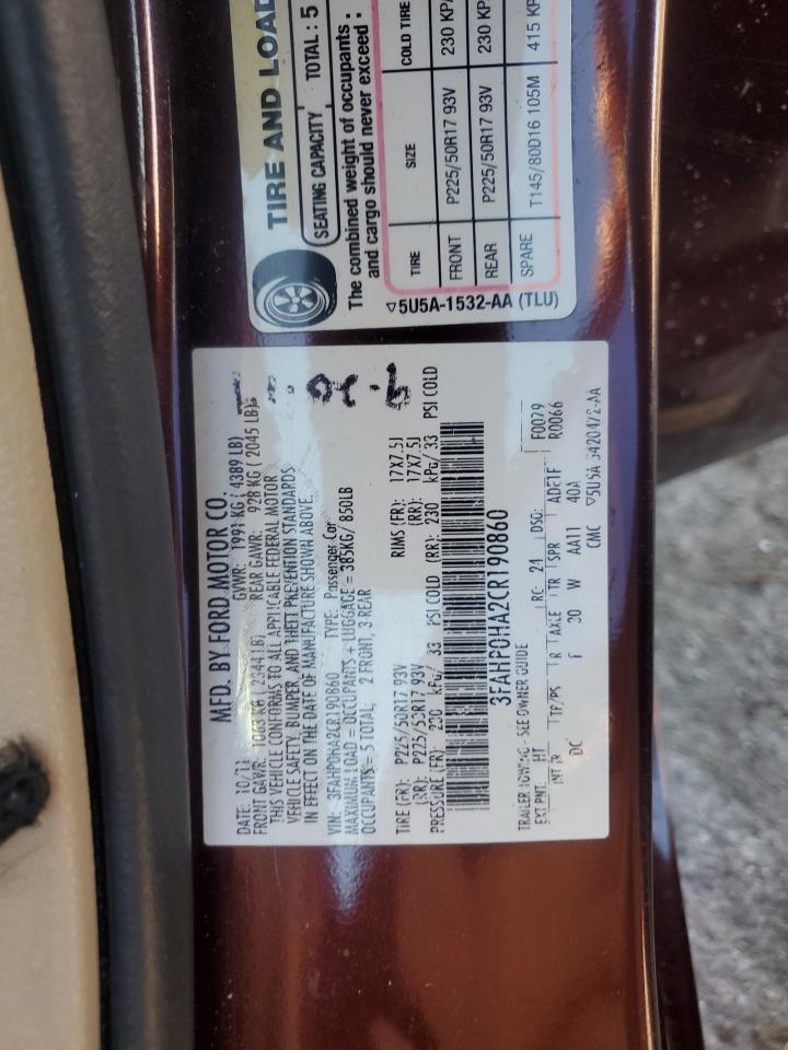 2012 Ford Fusion Se VIN: 3FAHP0HA2CR190860 Lot: 92341915