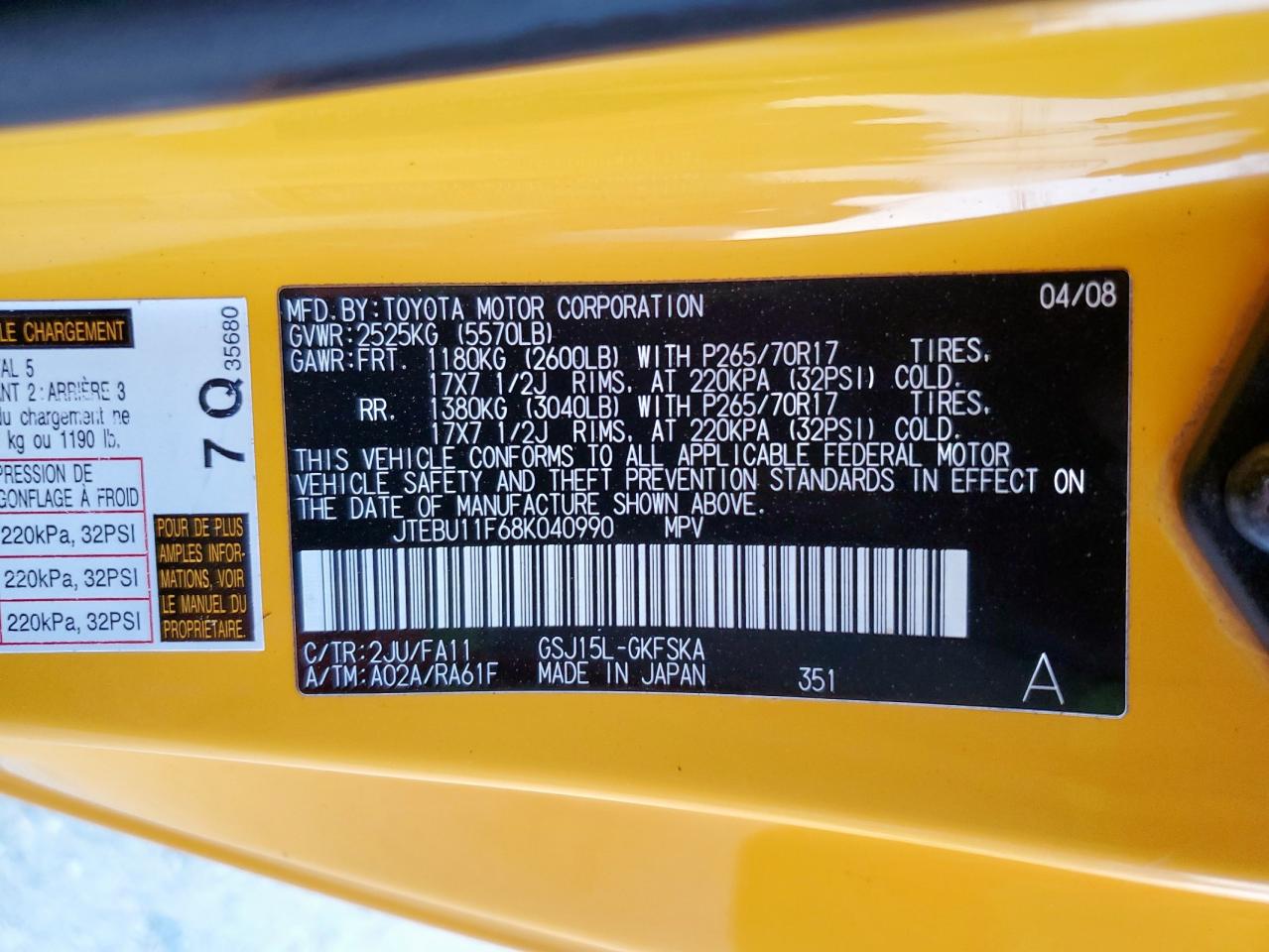 2008 Toyota Fj Cruiser VIN: JTEBU11F68K040990 Lot: 93657275