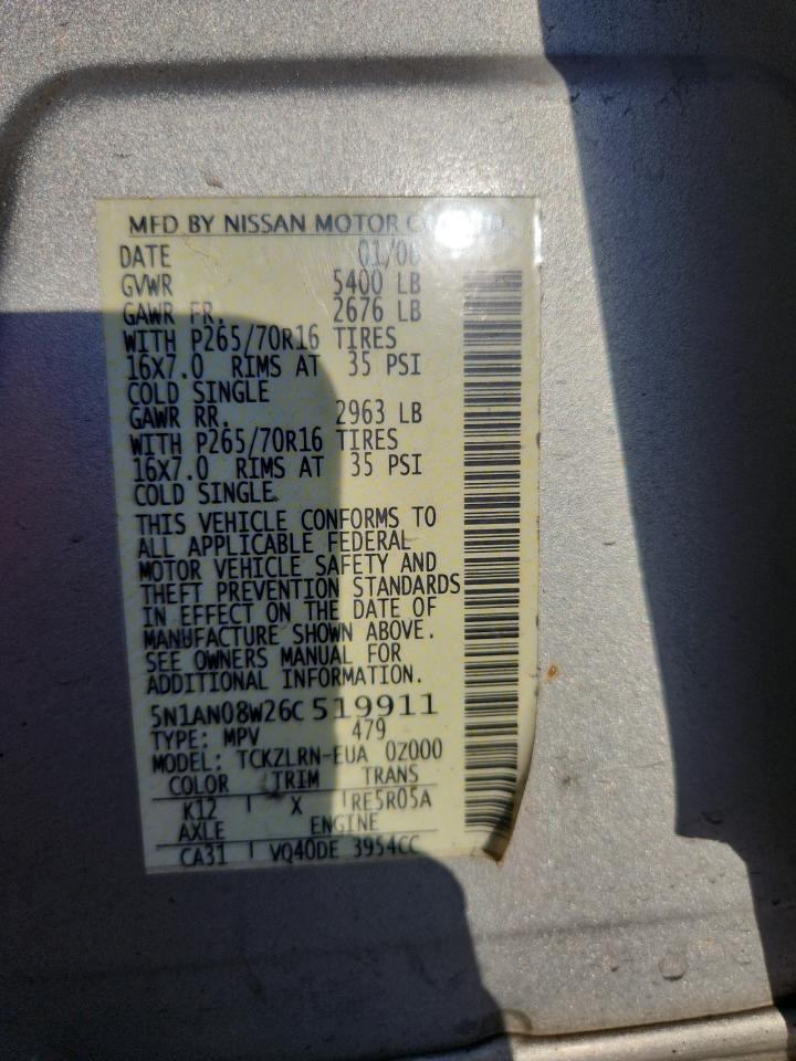 2006 Nissan Xterra Off Road VIN: 5N1AN08W26C519911 Lot: 93524425