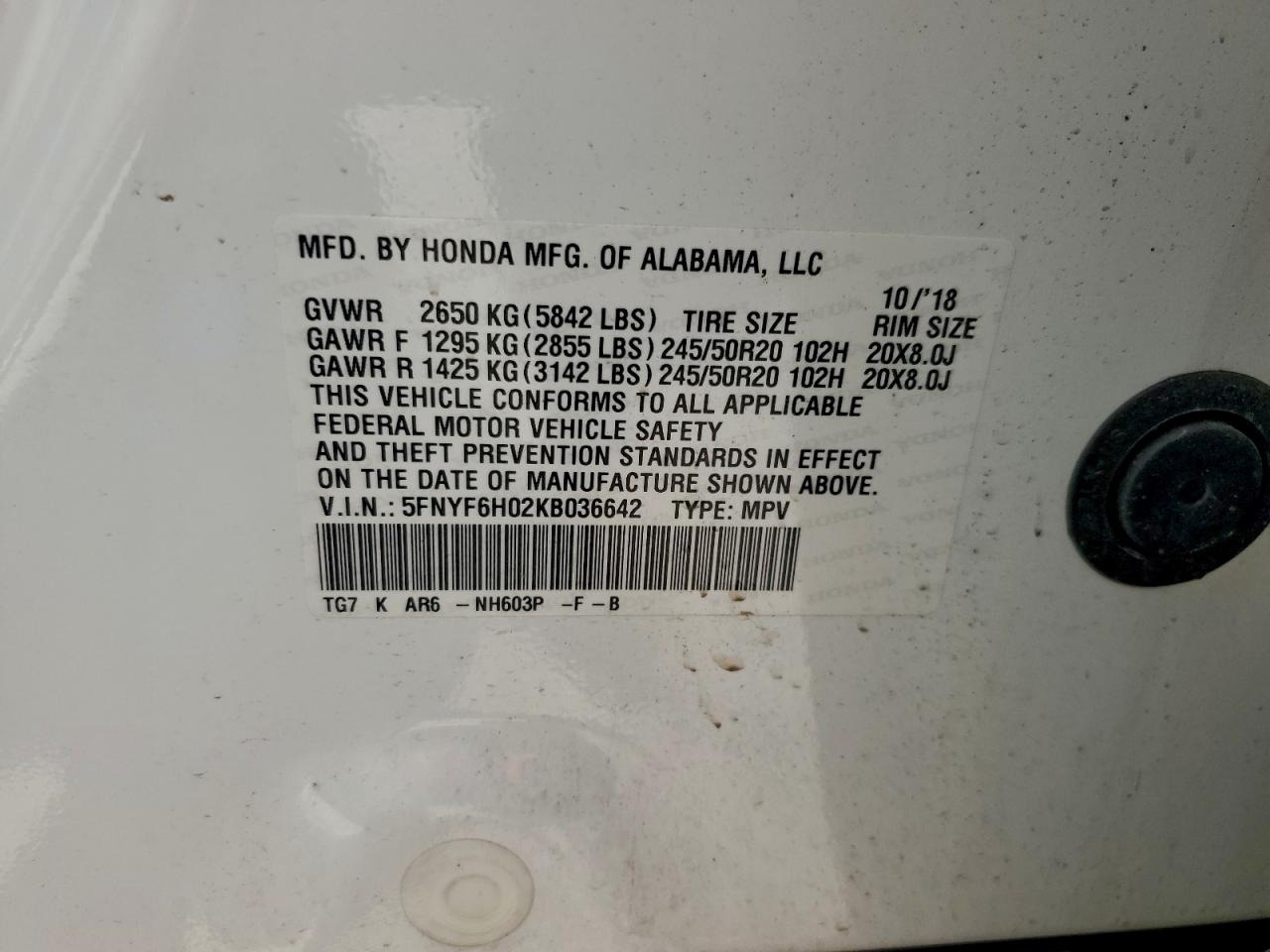 2019 Honda Pilot Elite VIN: 5FNYF6H02KB036642 Lot: 94386795