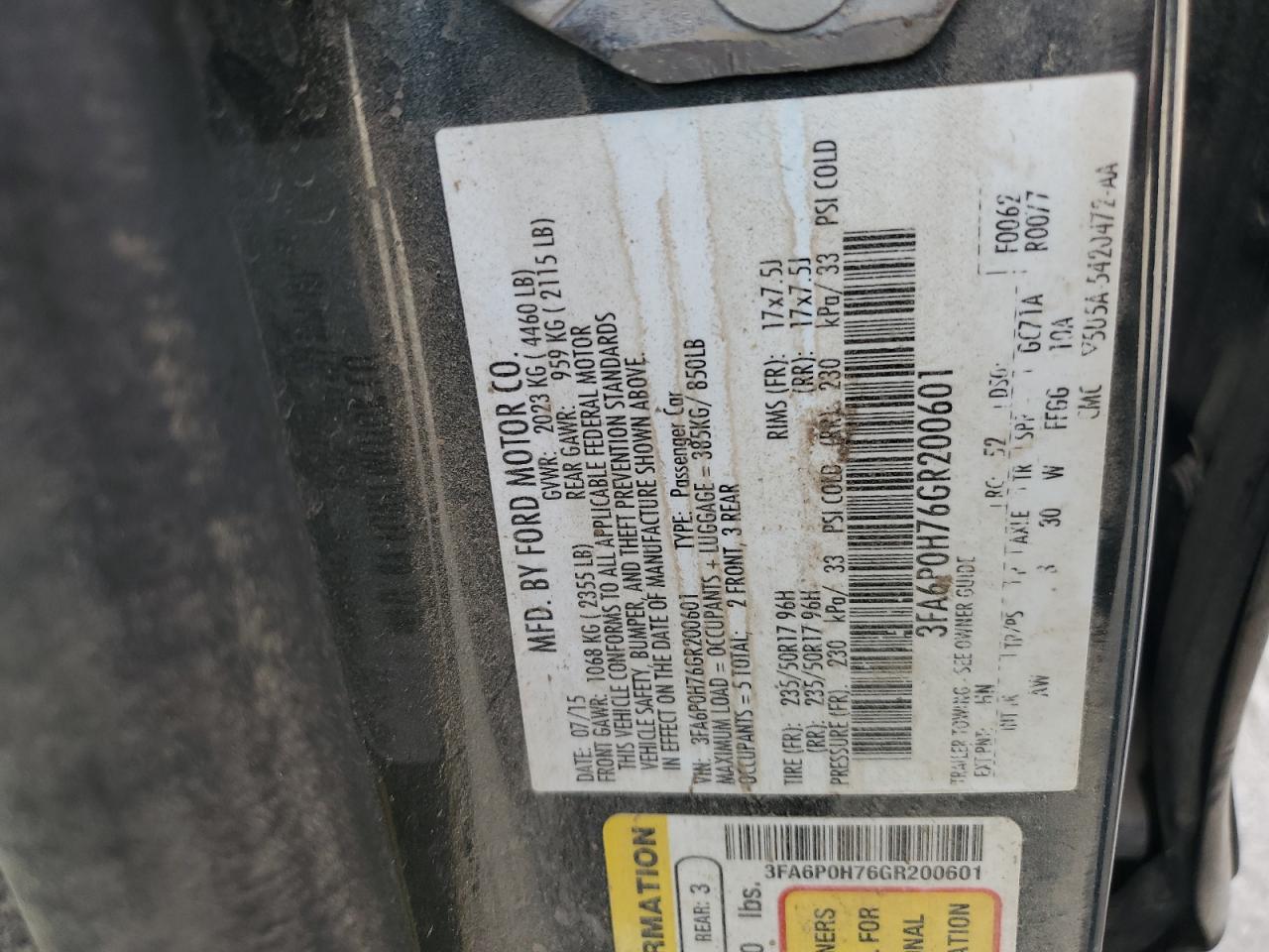 2016 Ford Fusion Se VIN: 3FA6P0H76GR200601 Lot: 93713425