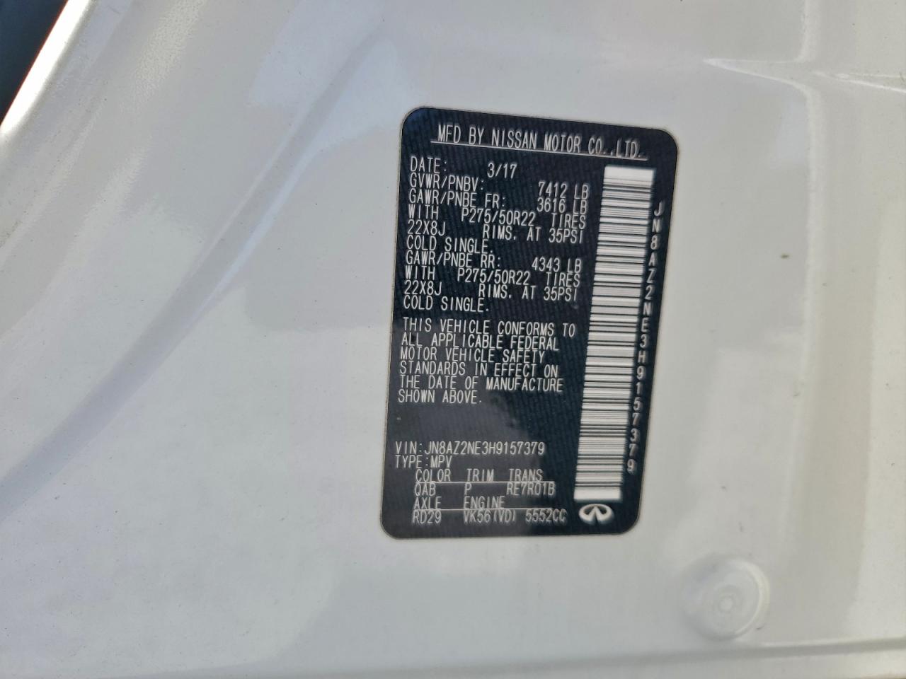 2017 Infiniti Qx80 Base VIN: JN8AZ2NE3H9157379 Lot: 93899135