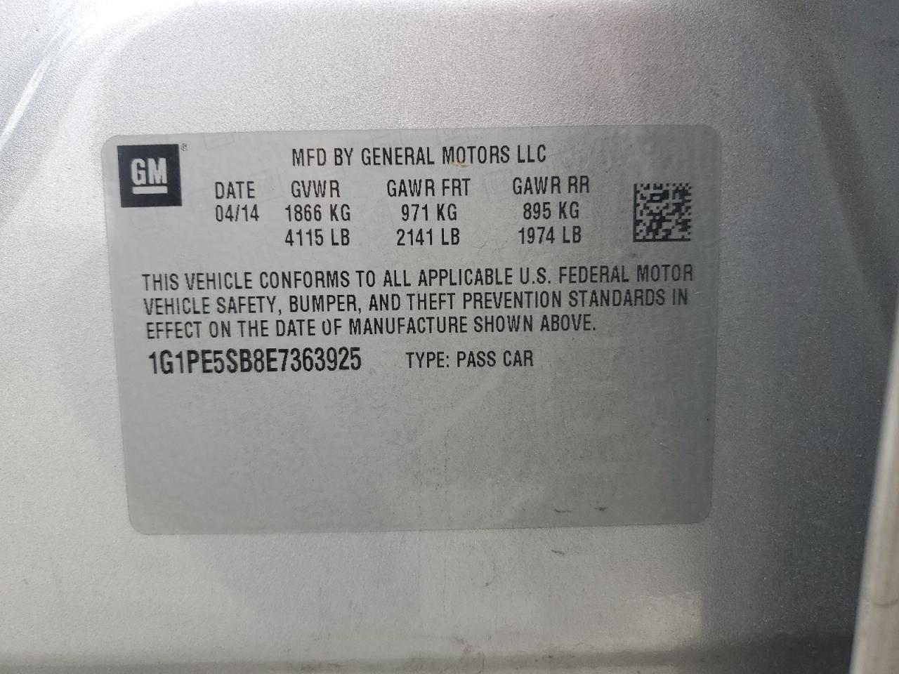 2014 Chevrolet Cruze Lt VIN: 1G1PE5SB8E7363925 Lot: 92287265