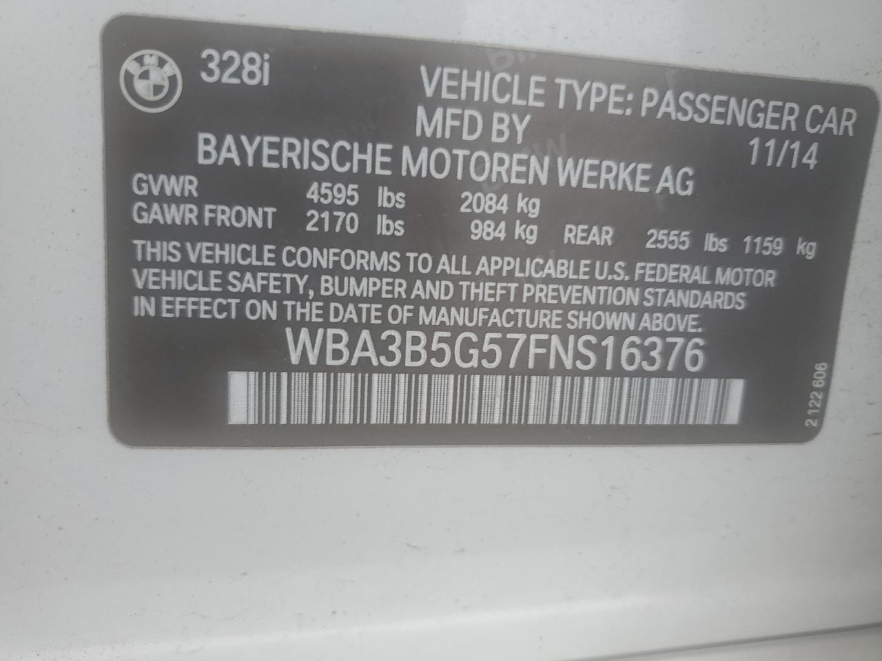 2015 BMW 328 Xi Sulev VIN: WBA3B5G57FNS16376 Lot: 93133025