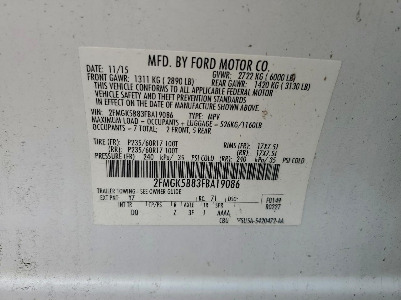 2015 Ford Flex Se VIN: 2FMGK5B83FBA19086 Lot: 94273255