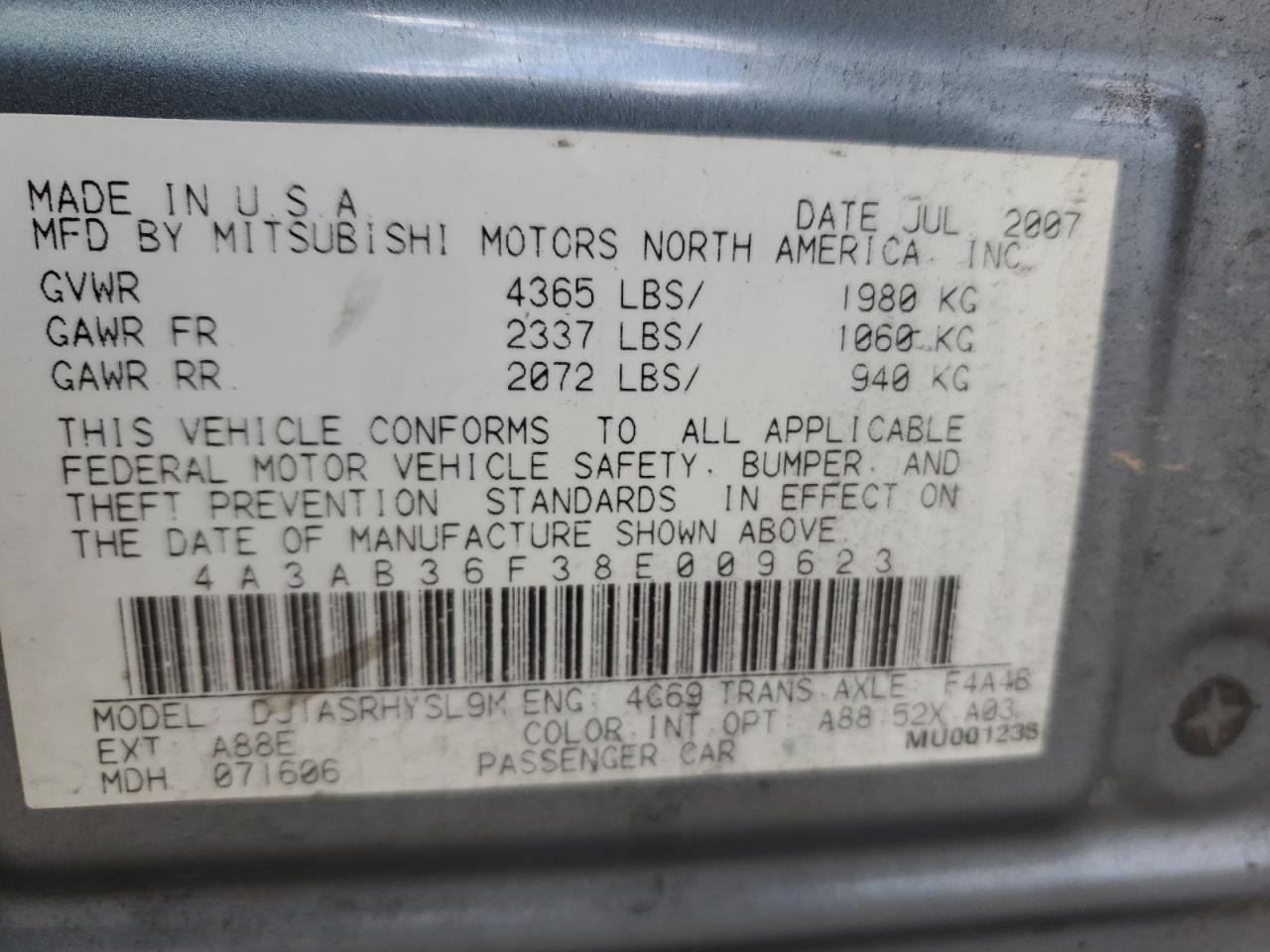 2008 Mitsubishi Galant Es VIN: 4A3AB36F38E009623 Lot: 92242355