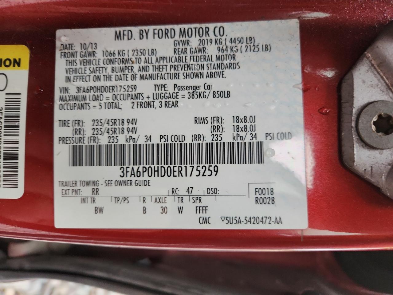 2014 Ford Fusion Se VIN: 3FA6P0HD0ER175259 Lot: 93466285