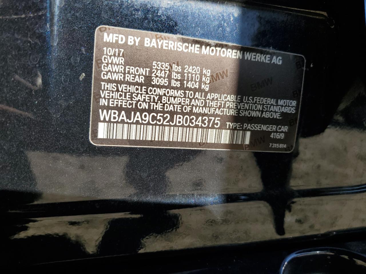 2018 BMW 530E VIN: WBAJA9C52JB034375 Lot: 92338125